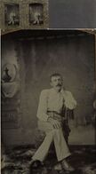 stereocard, stereoview, tintype, ferrotype, four-plate, camera, seated, man, image, prints, original, mount, fancy, surface